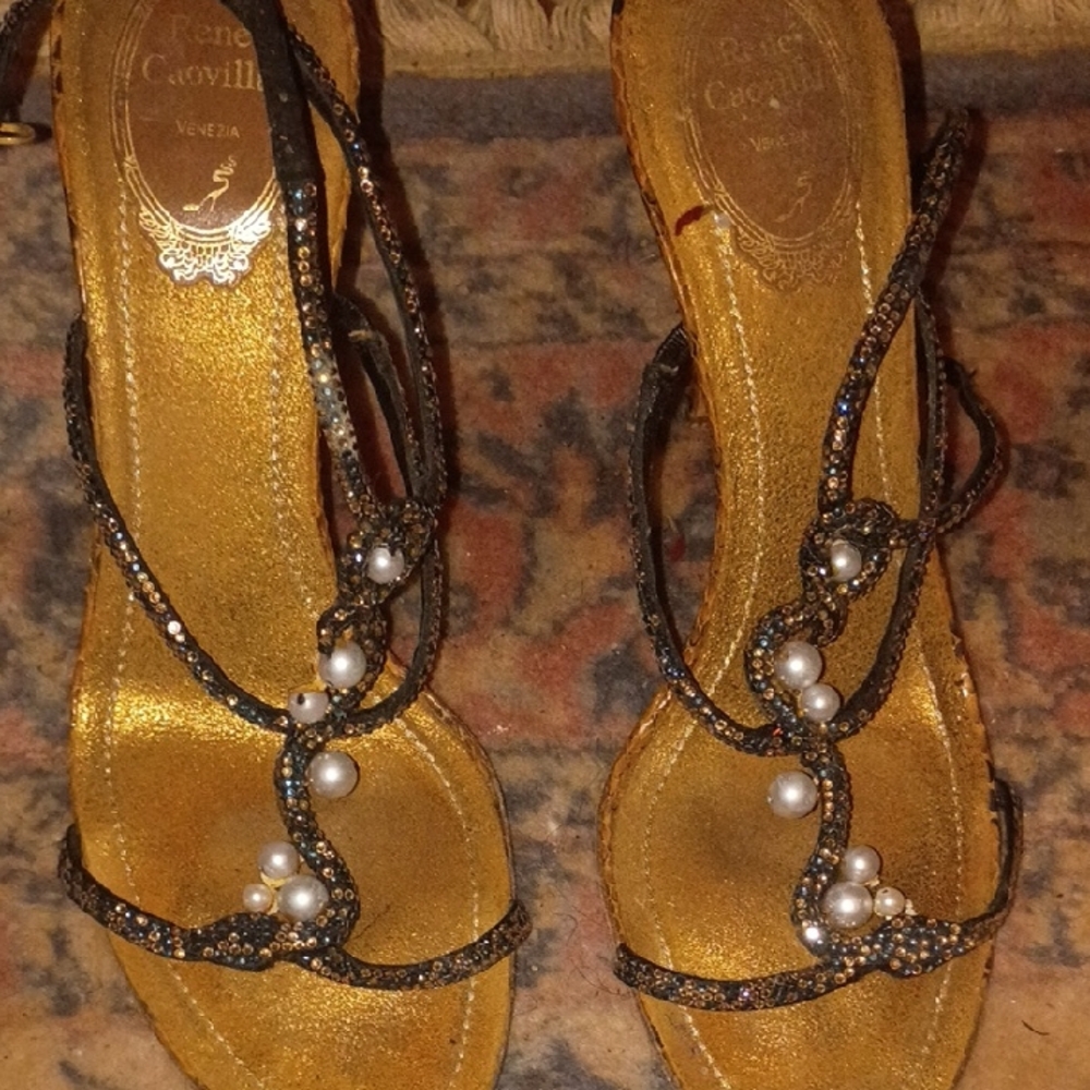 Rene Caovilla Gold and Black Pearl Embellished Sandals